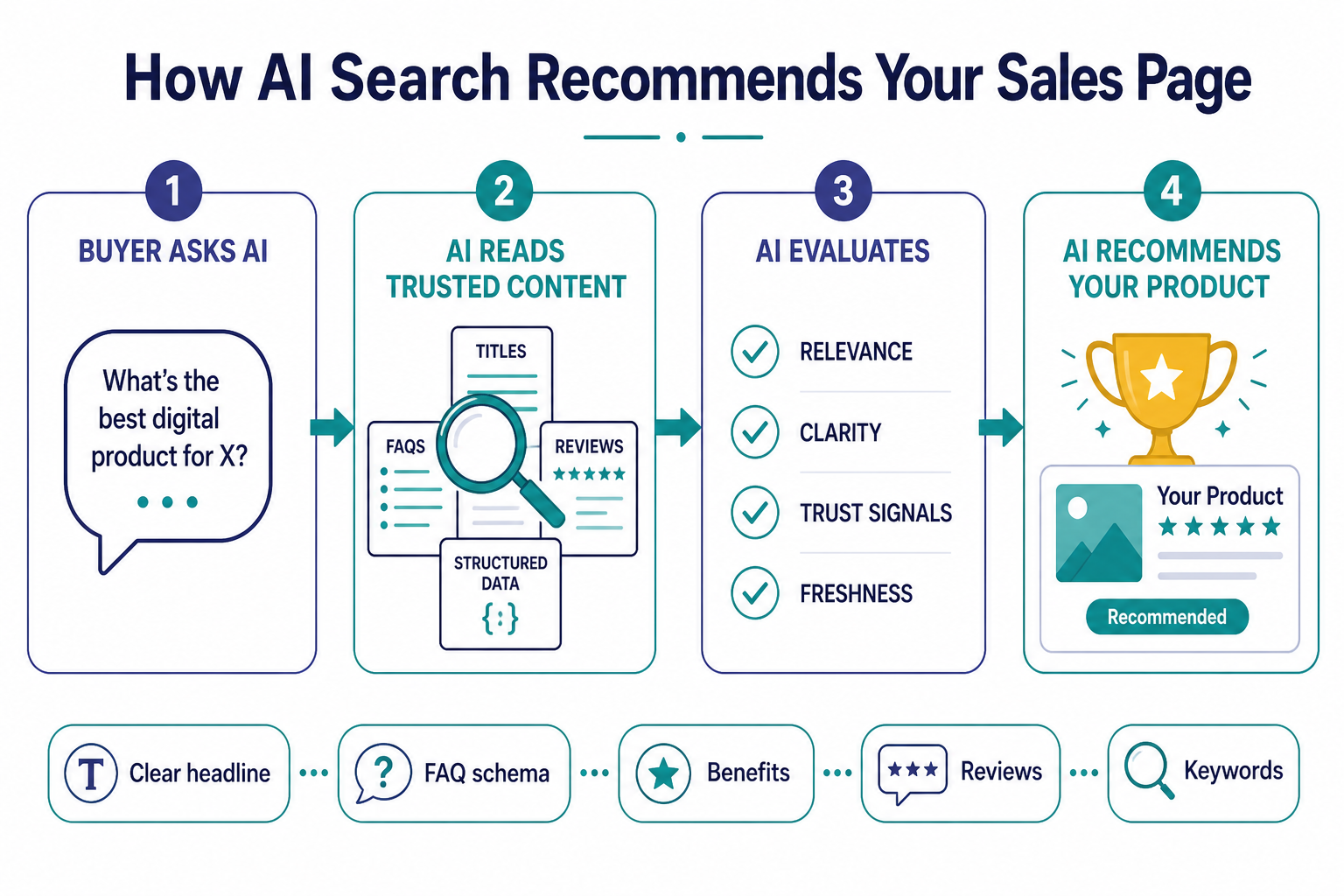 Flow diagram showing how AI search recommends a product: buyer asks AI, AI reads trusted content, AI evaluates relevance and trust, AI recommends the product.