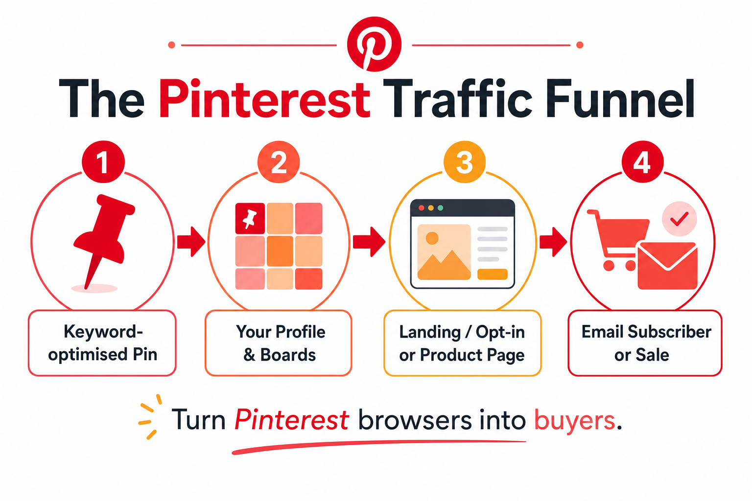 Flow diagram of the Pinterest traffic funnel: keyword-optimised pin, profile and boards, landing or product page, then email subscriber or sale.