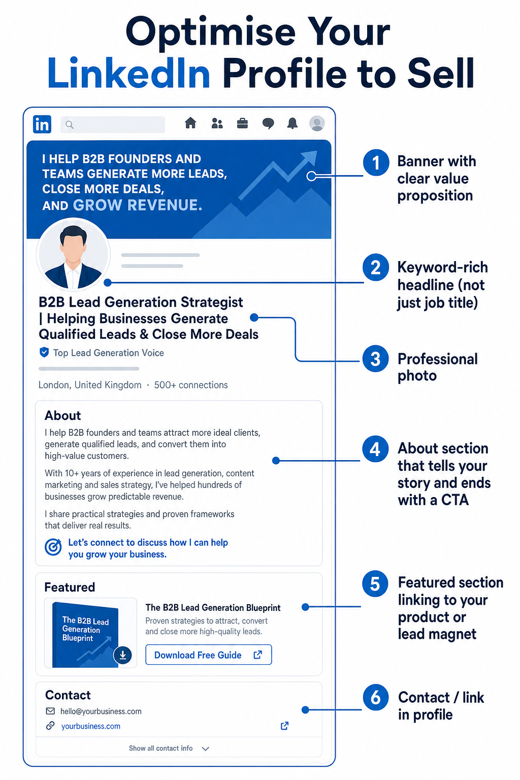 Wireframe showing how to optimise a LinkedIn profile to sell: banner value proposition, keyword-rich headline, professional photo, story-driven about section with a CTA, and a featured link to a product or lead magnet.