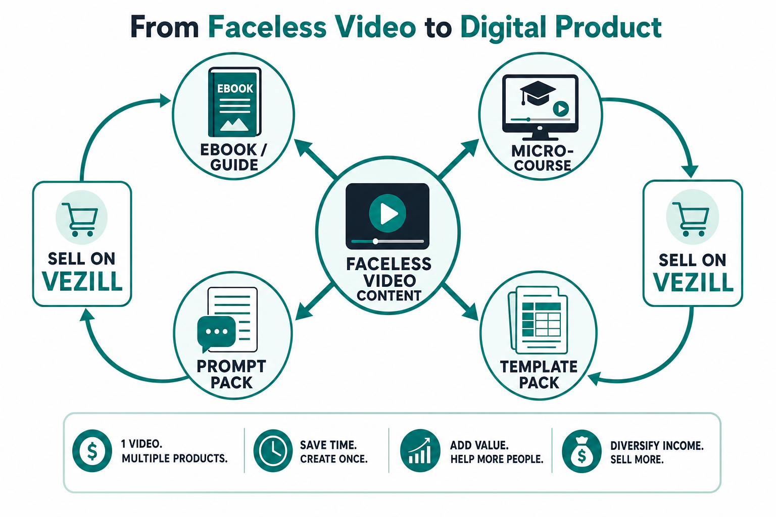 Loop diagram showing faceless video content turning into an ebook or guide, a micro-course, a template pack, and a prompt pack, all sold on Vezill.