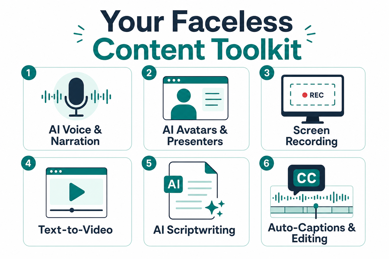 Grid of six faceless content creation tool categories: AI voice and narration, AI avatars and presenters, screen recording, text-to-video, AI scriptwriting, and auto-captions and editing.