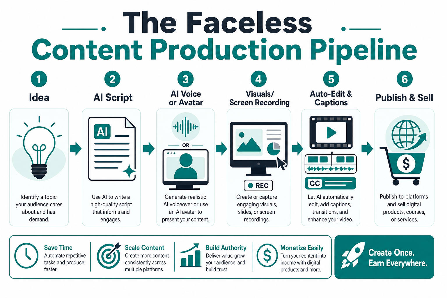 Six-step faceless content production pipeline: idea, AI script, AI voice or avatar, visuals or screen recording, auto-edit and captions, then publish and sell.