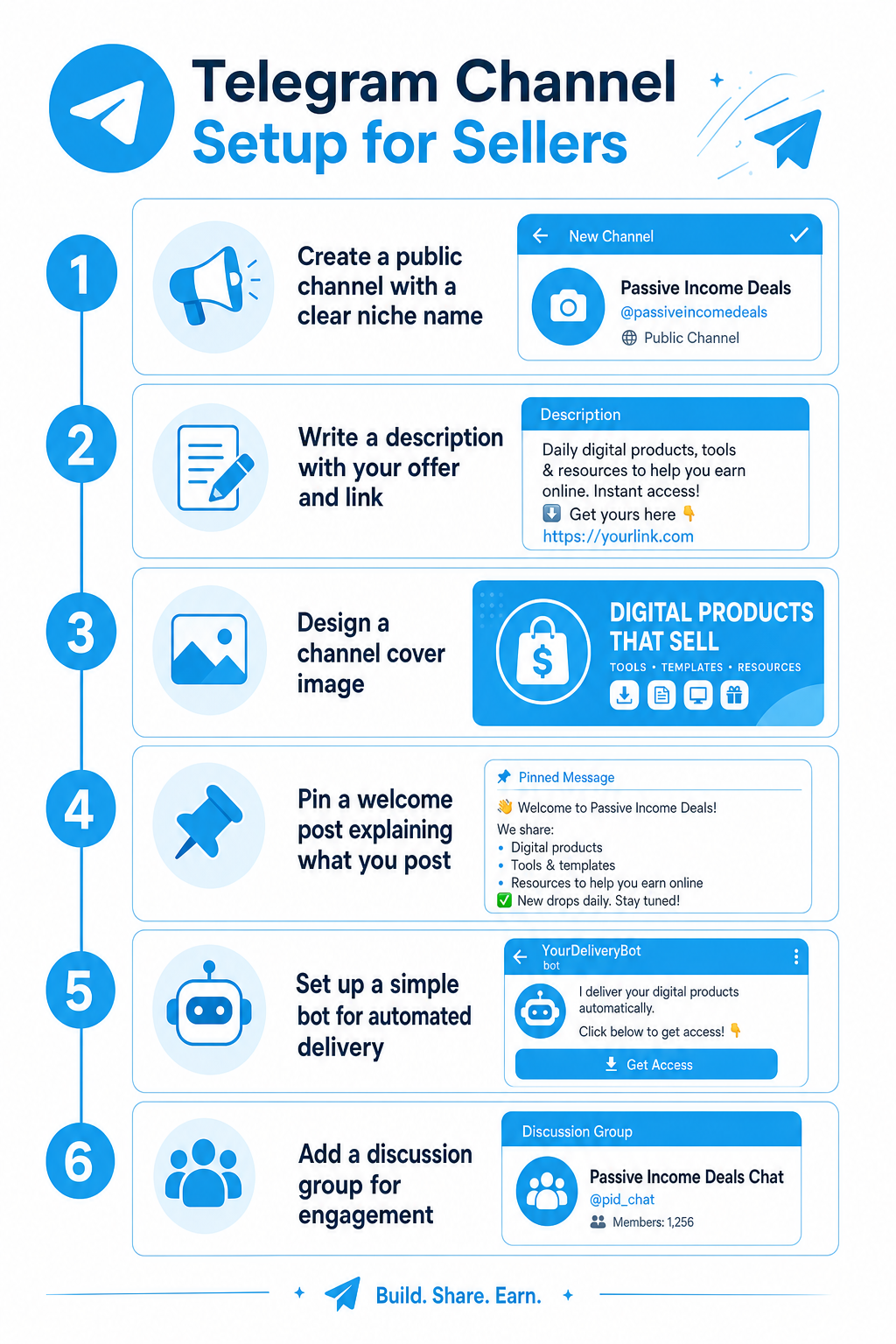 Telegram channel setup checklist: create a public channel with a niche name, write a description with offer and link, design a cover image, pin a welcome post, set up a bot for delivery, and add a discussion group.