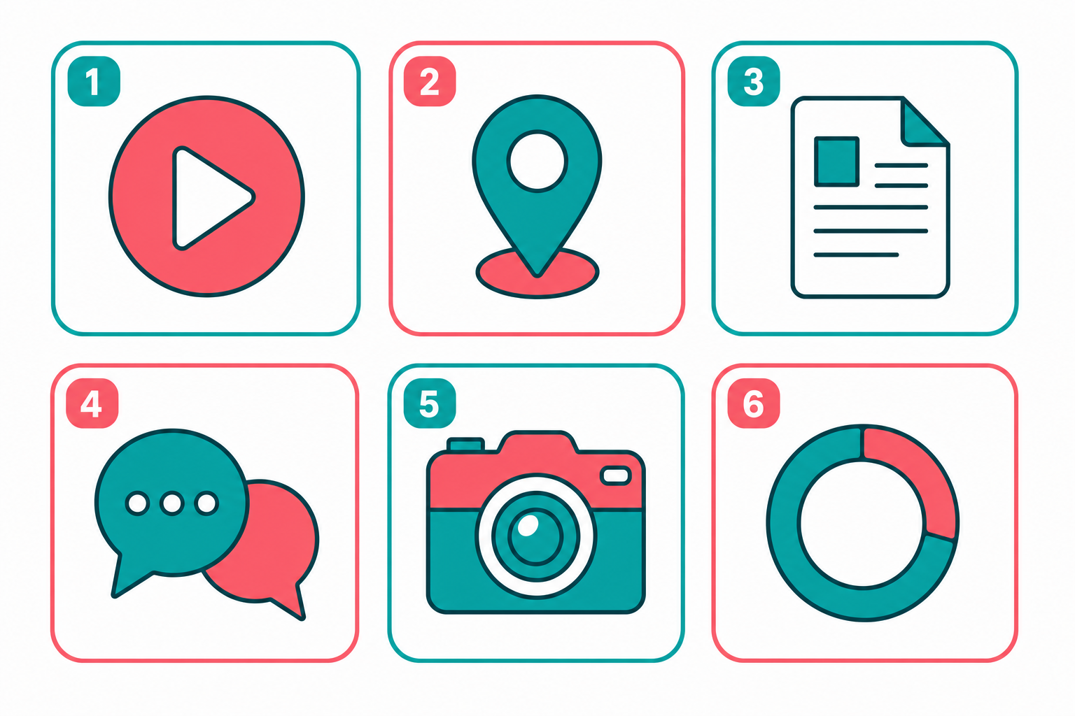 Grid of six platform badges representing the different channels a single video can be adapted for.