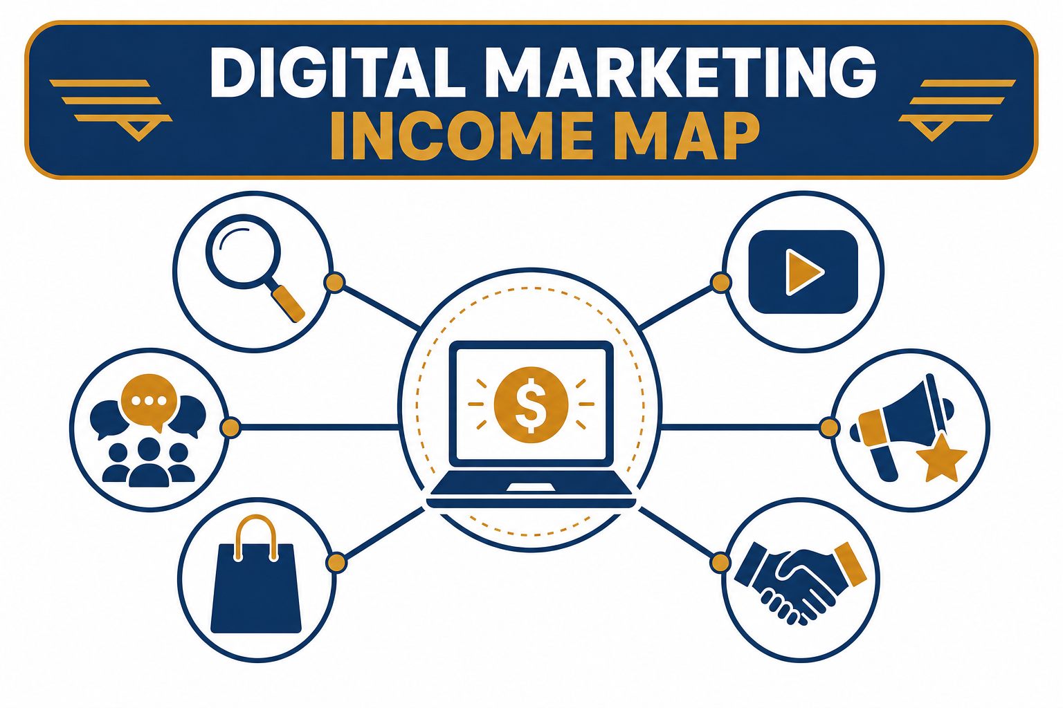 A central laptop-with-coin icon connected to six income path icons: SEO, social media management, video marketing, influencer marketing, digital products, and sales.