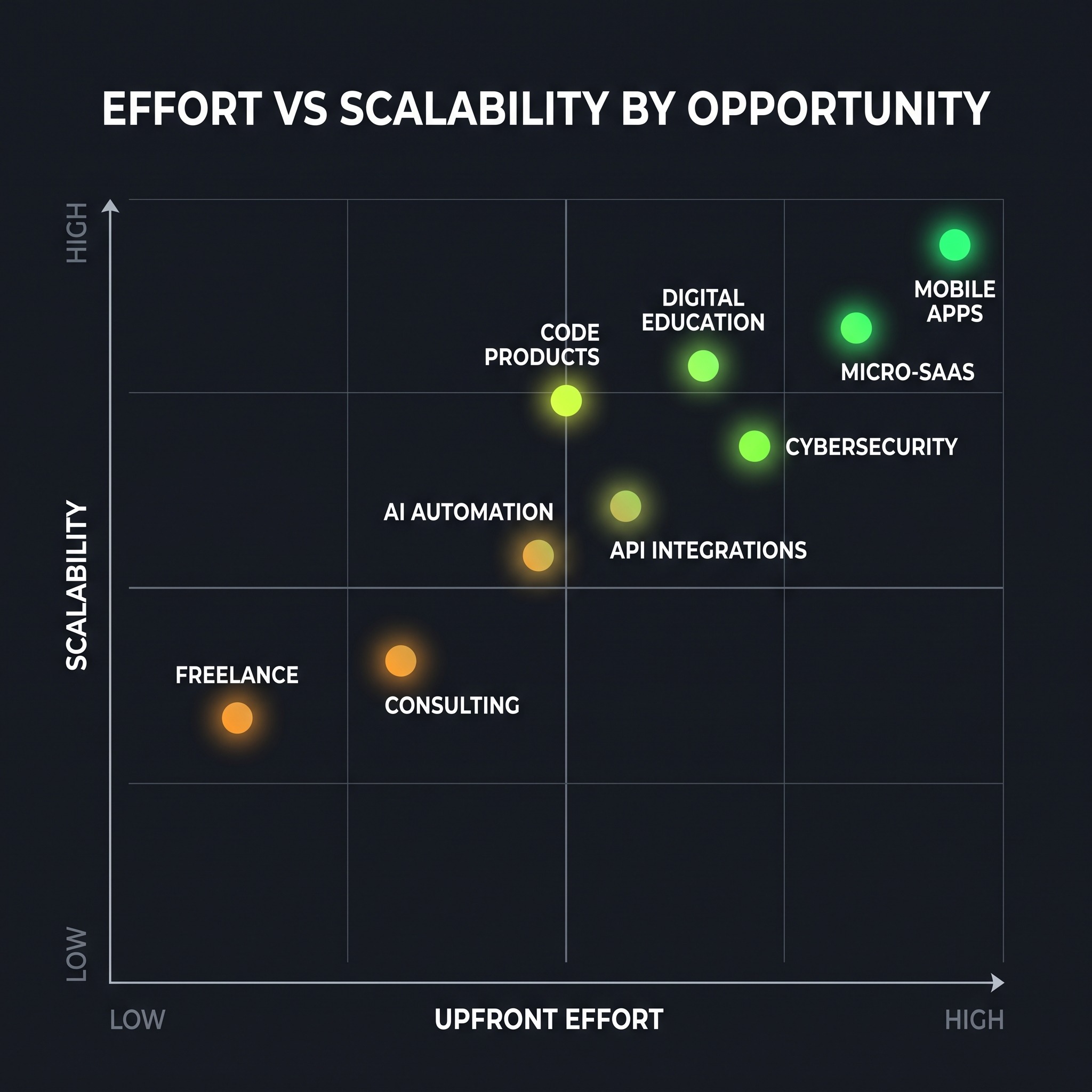 Quadrant chart plotting nine developer income opportunities by upfront effort on one axis and scalability on the other, with points labeled Freelance, AI Automation, Cybersecurity, Micro-SaaS, Code Products, Mobile Apps, API Integrations, Consulting, and Digital Education.