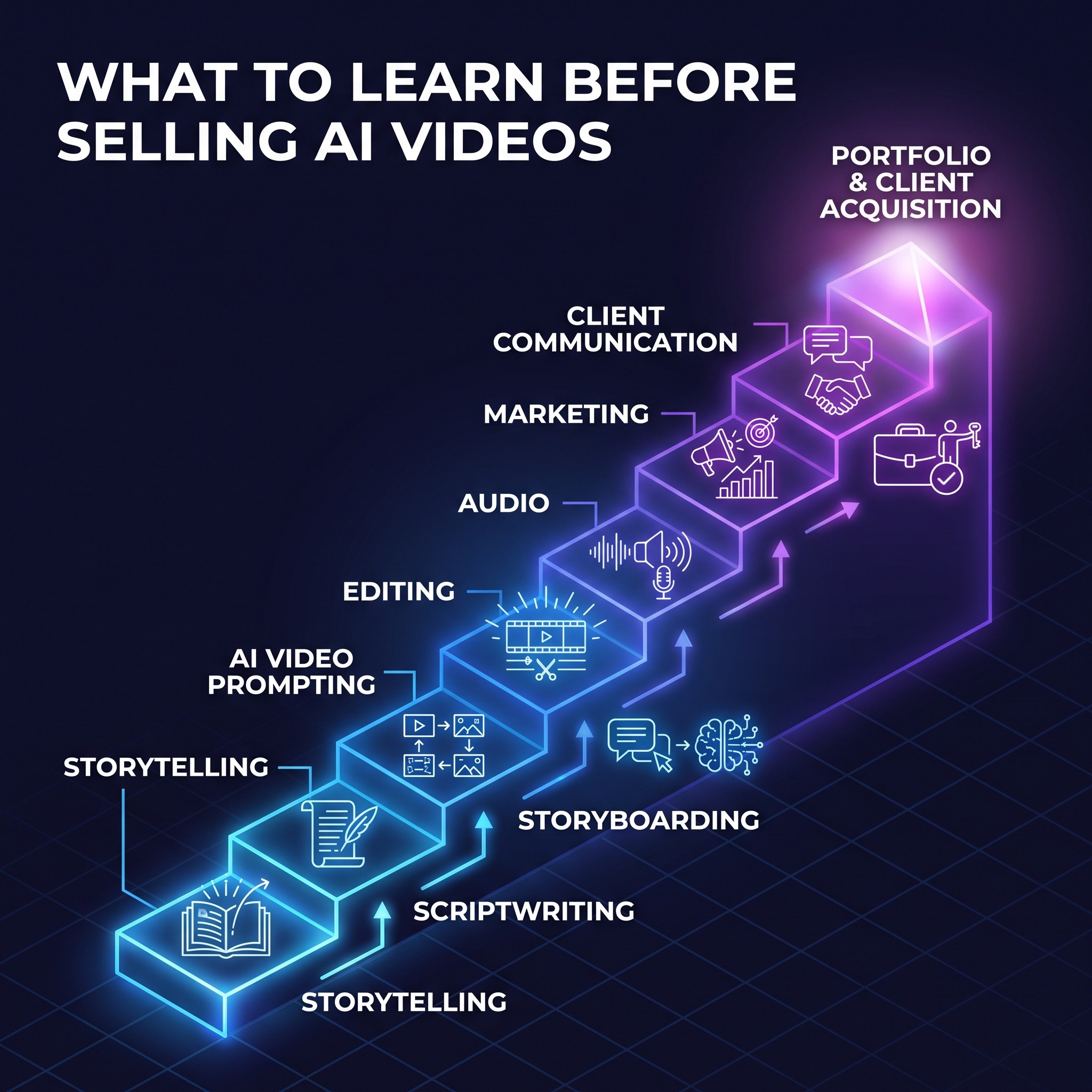 Ascending skill ladder diagram with eight labeled rungs in order: Storytelling, Scriptwriting, Storyboarding, AI Video Prompting, Editing, Audio, Marketing, Client Communication, leading up to a glowing peak labeled Portfolio and Client Acquisition.
