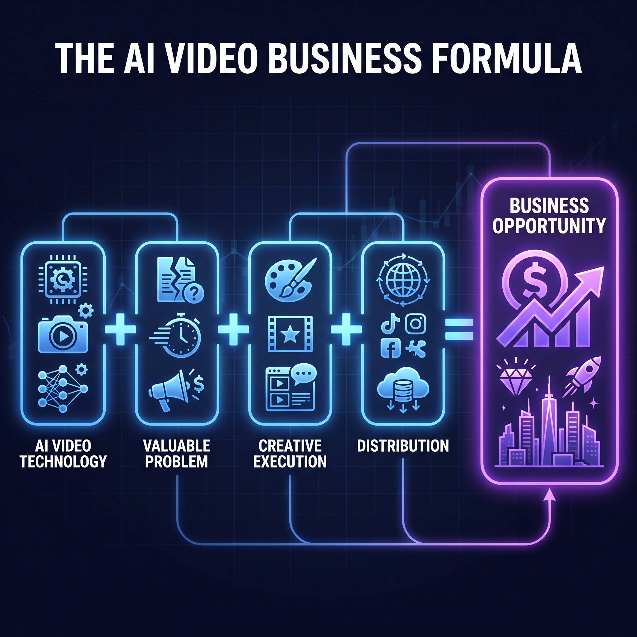 Equation-style diagram reading AI Video Technology plus Valuable Problem plus Creative Execution plus Distribution equals Business Opportunity, each term in its own glowing labeled box connected by plus signs and an equals sign.
