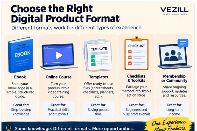 Choose the right digital product format: ebook, online course, templates, checklists, toolkits or membership.