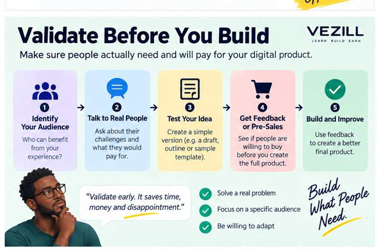 Validate before you build: identify the audience, talk to real people, test the idea, get feedback and improve.