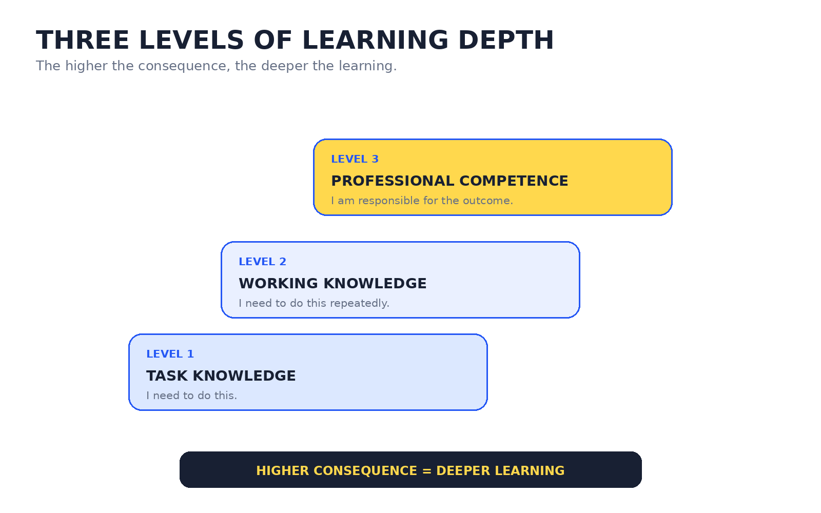 Three learning levels: task knowledge, working knowledge and professional competence, with deeper learning required as consequences increase.