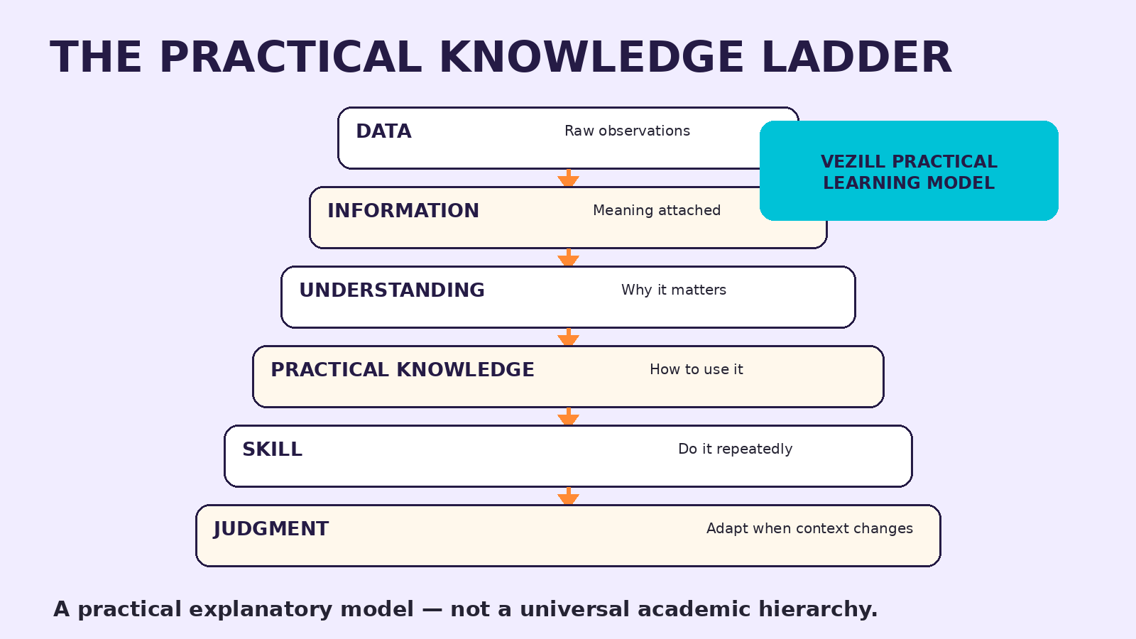 VEZILL practical learning ladder from data to information, understanding, practical knowledge, skill and judgment.